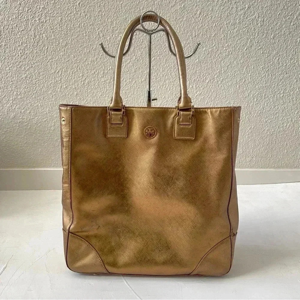 Tory Burch Robinson Gold Metallic Saffiano Mirror Tote Purse